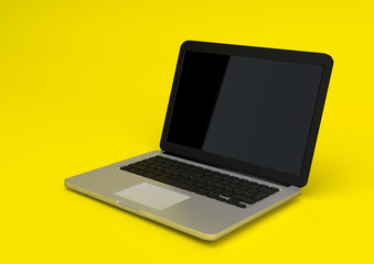 Laptop notebook mock up with pastel yellow color background. Float and levitate laptop. Technology gadget. Minimal creative concept High resolution 3D Render Illustration