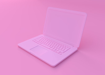 pink laptop isolated on a pink background, pastels color notebook, portable pc, computer 3d illustration 3d rendering