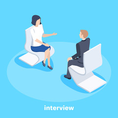 Isometric vector image on a blue background, a man and a woman in a business suit are sitting opposite each other in armchairs and conducting an interview, consultation and business conversation