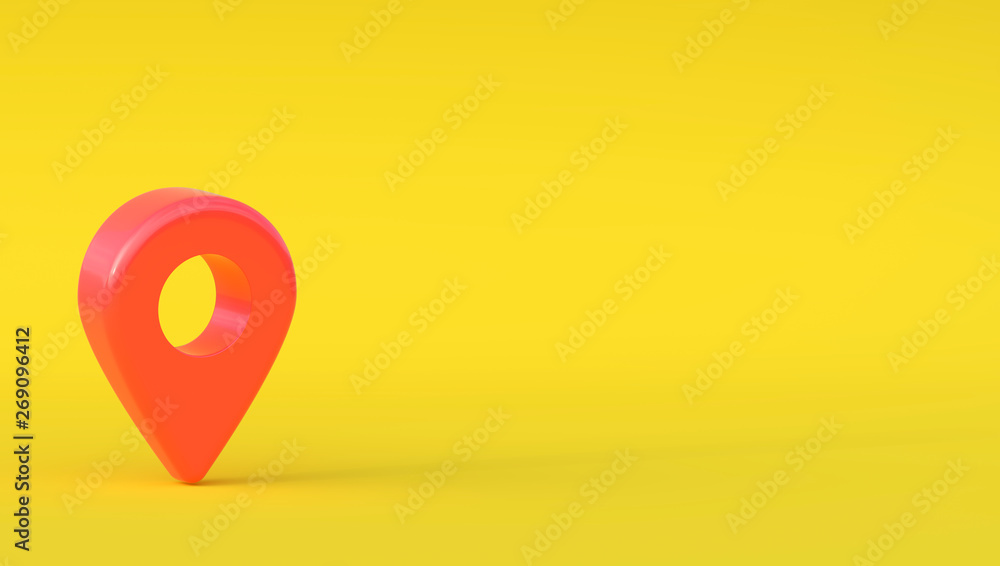 Poster orthographic projection of a red map pointer sign with copy space on a pastel yellow background. min