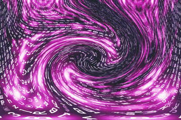 Pink matrix digital background. Distorted cyberspace concept. Characters fall down in wormhole. Hacked matrix. Virtual reality design. Complex algorithm data hacking. Pink digital sparks.