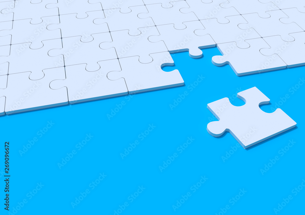 Fototapete white jigsaw puzzle on blue background with copy space. connected blank puzzle pieces. business stra