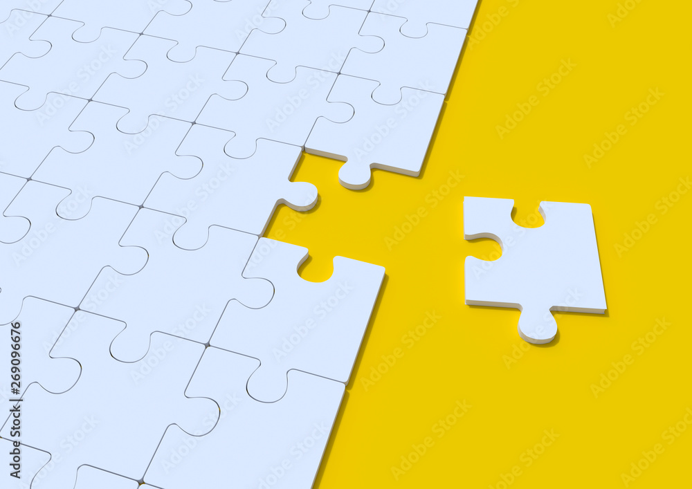 Fototapete white jigsaw puzzle on yellow background with copy space. connected blank puzzle pieces. business st