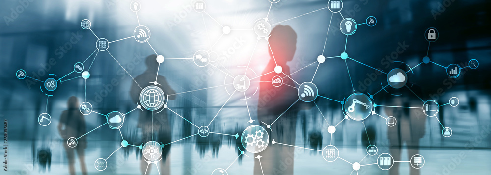 Poster technology industrial business process workflow organisation structure on virtual screen. iot smart 