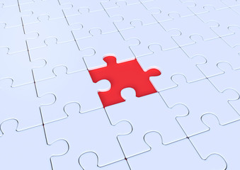 Fototapeta premium Unfinished white jigsaw puzzle on blue background with copy space. Connected blank puzzle pieces. Business strategy Teamwork concept. Minimal creative concept. 3d rendering illustration