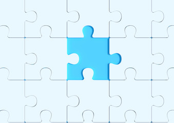 Unfinished white jigsaw puzzle with copy space. Connected blank puzzle pieces. Business strategy Teamwork and problem solving concept. Minimal creative concept. 3d render illustration