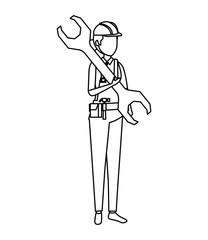 female builder worker with helmet and wrench