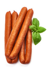 Traditional German Smoked Sausages, top view, isolated on white background