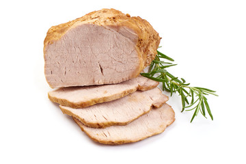 Baked pork meat, smoked ham, close-up, isolated on white background