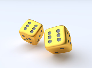 Cubes dice two golden on white background 3d render illustration