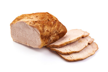 Baked pork ham with slices, close-up, isolated on white background