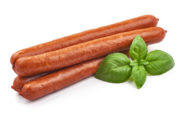 Smoked Pork Sausages with basil leaves, close-up, isolated on white background