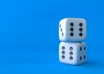 Cubes dice two white dices on blue background with copy space in pastel colors. Gambling game. Business strategy and lucky. Minimalism concept. Creative concept.  3d rendering illustration