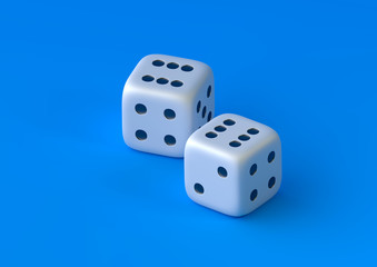 Cubes dice two white dices on blue background with copy space in pastel colors. Gambling game. Business strategy and lucky. Minimalism concept. Creative concept.  3d rendering illustration