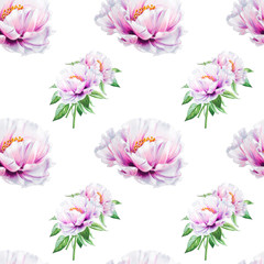 Fototapeta na wymiar Seamless white peony pattern. Endless texture. Floral print. Marker drawing. Watercolor painting. Wedding and birthday composition. Greeting card. Flower painted background. Hand drawn illustration.