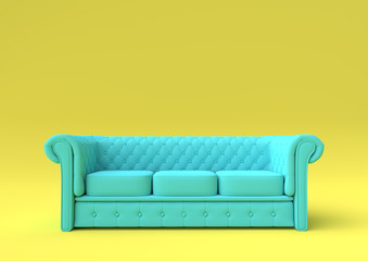 Modern sofa in yellow living room. Minimal style concept. pastel color style. 3d render illustration