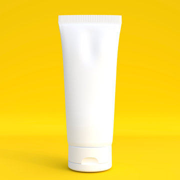 White cream tube. packaging tube. Plastic tube for medicine or cosmetics cream, gel, skin care, toothpaste. packaging mockup with clipping path isolated on yellow background. 3d rendering illustration
