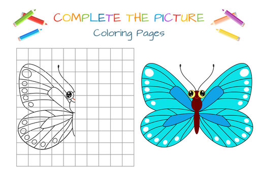 Funny little butterfly. Copy the picture. Coloring book. Educational game for children. Cartoon vector illustration