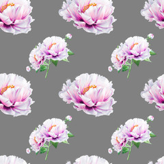 Seamless white peony pattern. Endless texture. Floral print. Marker drawing. Watercolor painting. Wedding and birthday composition. Greeting card. Flower painted background. Hand drawn illustration.