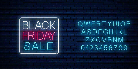 Glowing neon sign of black friday sale with alphabet. Seasonal sale web banner. Black friday signboard