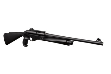 Modern black shotgun isolate on white background. Black semi-automatic shotgun on a light...