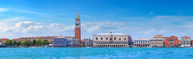 Fototapeta na wymiar Panoramic cityscape view of Venice, sea view Piazza San Marco with Campanile, Doge Palace in Venice, Italy.