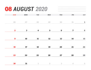 Calendar template for August 2020. Business planner. Stationery design. Week starts on Sunday