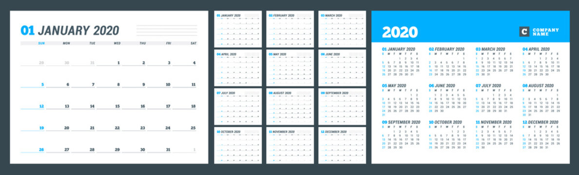Calendar template for 2020 year. Business planner. 12 months and 2020 year calendar. Stationery design. Week starts on Sunday