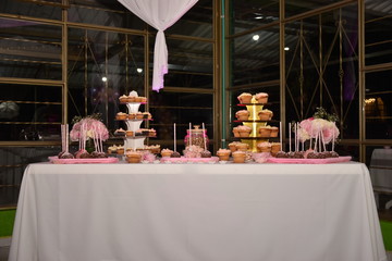 Mesa adornada con cupcakes, duldes, golosinas en fista de 15 años y boda 