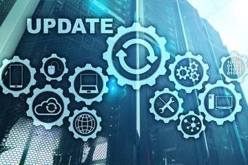Update Software Computer on Virtual Screen Server Room Datacenter Background. Technology Updating...
