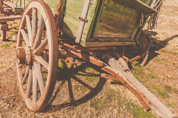 Old wooden pioneer covered wagon.