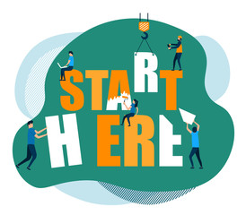 Vector design green orange color combination. Modern image start here with flat characters. Illustration concept for website.