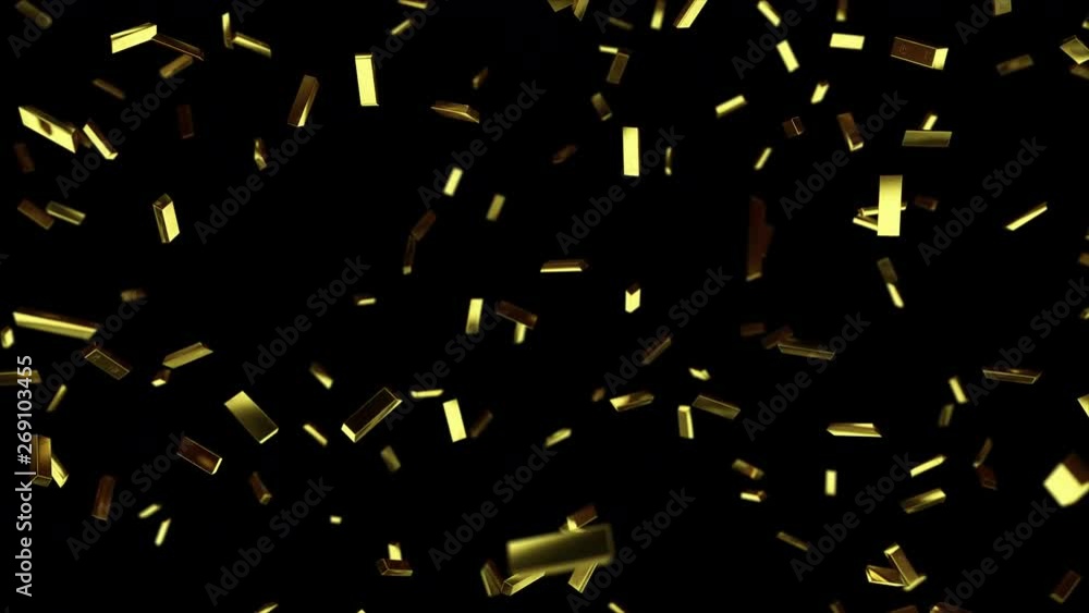 Poster falling gold bars in slow motion on black isolated background with luma matte mask. 3d render, seaml