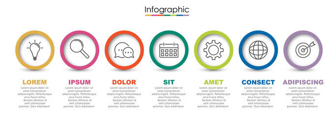 Vector infographic template with seven steps or options. Illustration presentation with line elements icons.  Business concept design can be used for web, brochure, diagram, chart or banner layout.