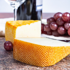 French yellow cheeses, Pur Brebis sheep melk cheese fron Pyrenees and Saint Paulin creamy, mild,...