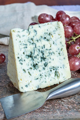 Blue Auvergne semi-hard AOP French blue cheese made from raw cow milk in Auvergne, France served as dessert with grapes