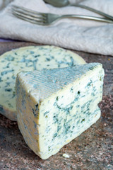 Fourme Ambert and Blue Auvergne semi-hard AOP French blue cheeses made from raw cow milk in Auvergne, France