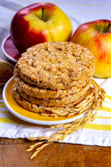 Round rice crackers made with apple and cinnamon, healthy snack for breakfast, lunch and school food