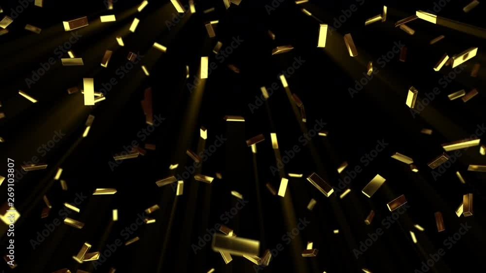 Poster falling gold bars in slow motion on black isolated background. 3d render, seamless loop animation in