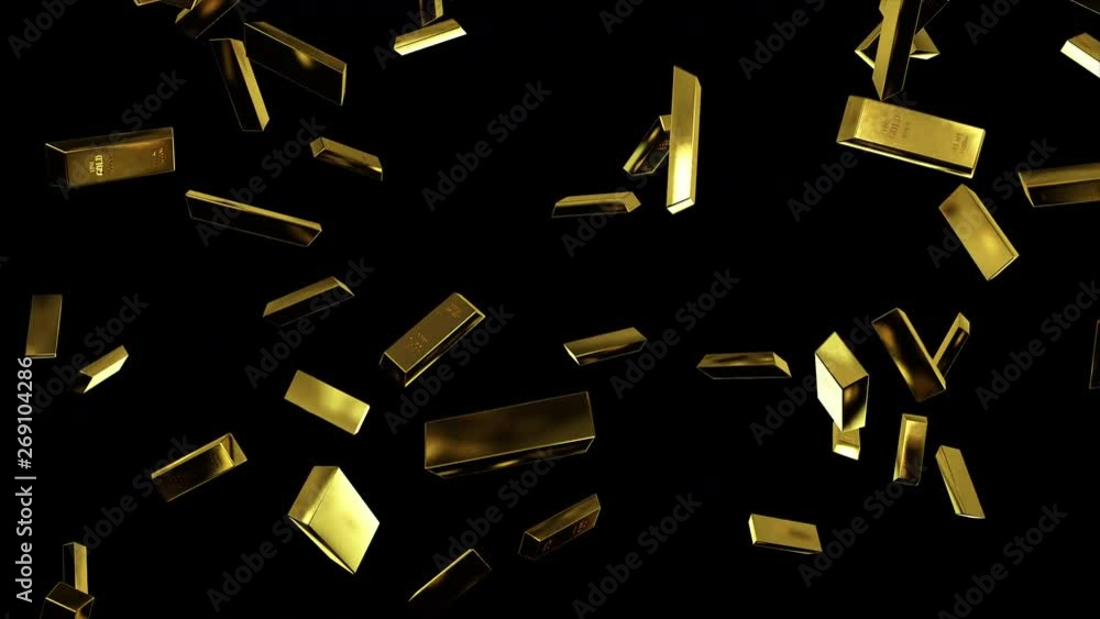 Poster falling gold bars in slow motion on black isolated background with luma matte. 3d render, seamless l