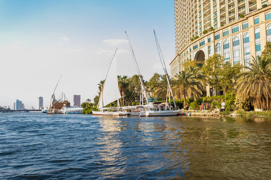 Yachts and Cairo downtown skyscrapers, Egypt