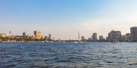 Cairo, Egypt - April 19, 2019: Nile river in the heart of Cairo city, Egypt