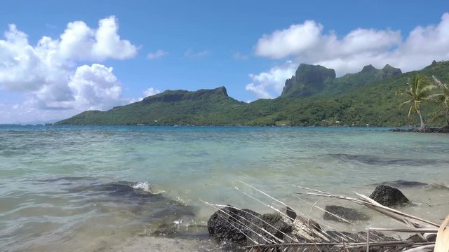 Mountains and coastline on island of Bora Bora, French Polynesia