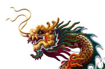 Giant grand colorful Chinese dragon head isolate bright natural blue sky background