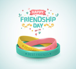 Friendship Day greeting card, happy holiday of amity. Three rubber bracelets for best friends: yellow, pink and turquoise. Silicone wristbands and inscription of congratulations. Vector illustration