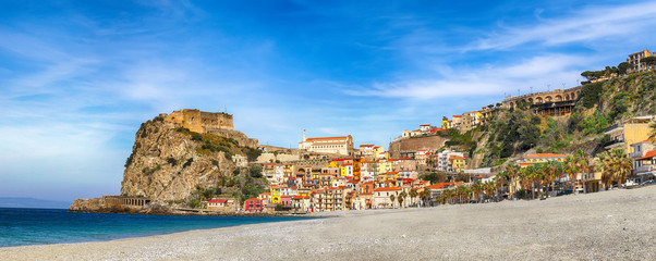 Beautiful seaside town village Scilla with old medieval castle on rock Castello Ruffo