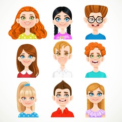 Cute cartoon boys and girls portraits of avatars isolated on a white background