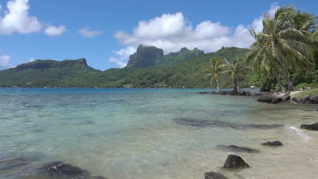 Mountains and coastline on island of Bora Bora, French Polynesia