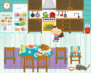 cartoon scene with someone in the kitchen eating and cooking having fun with it - illustration for children