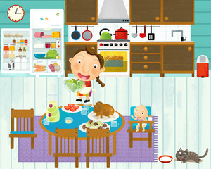 cartoon scene with someone in the kitchen eating and cooking having fun with it - illustration for children